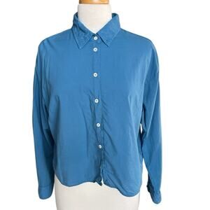 Xirena Dawson Shirt Top Blue Cropped Boxy Button Cotton Midweight Basic Small